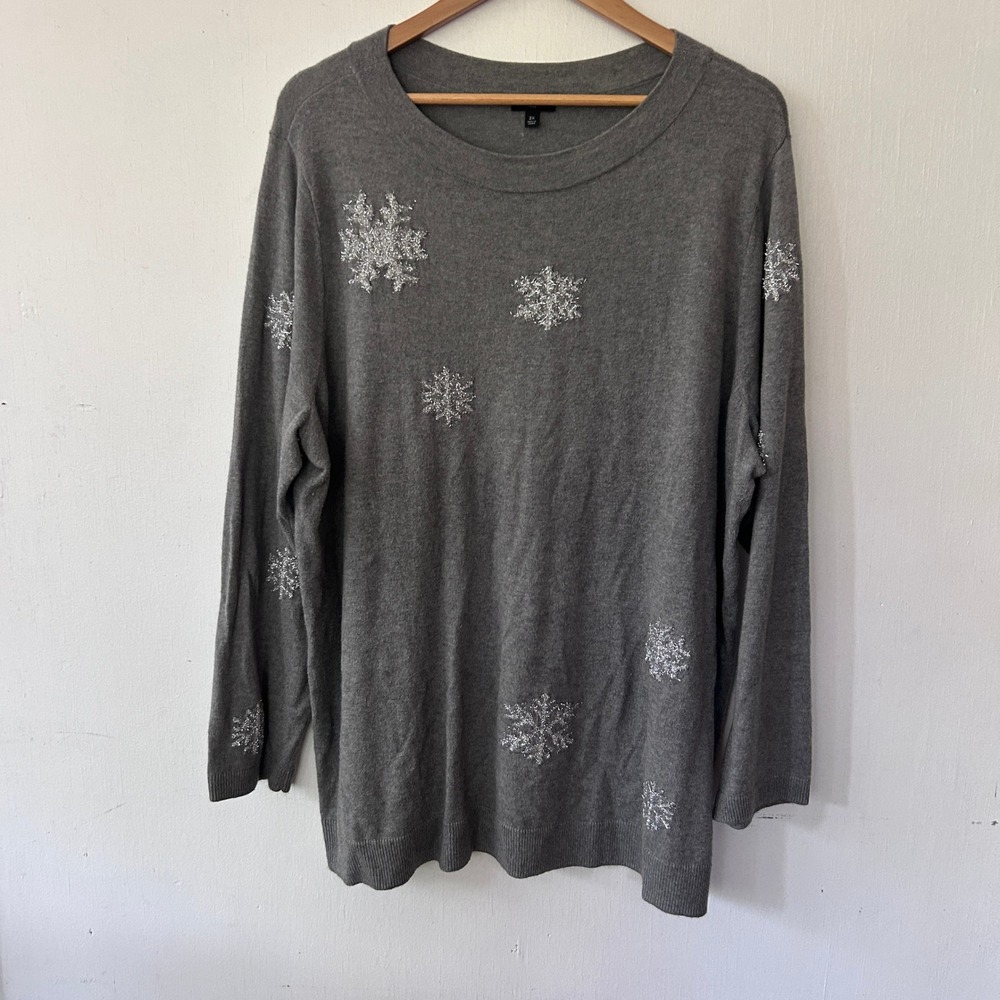 Talbots Sweater Women 2X Gray Snowflake Metallic Cashmere Blend Winter Festive